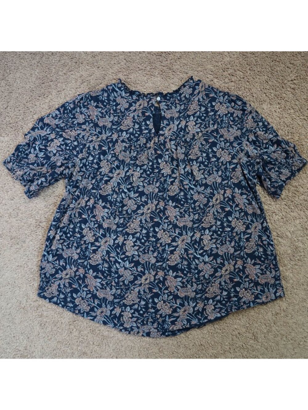 Lucky Brand Smocked Blouse Womens L Blue Floral Short Sleeve Boho Peasant Top - Picture 2 of 10